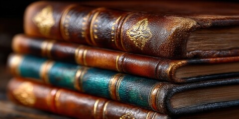 A stack of beautifully bound antique books with leather covers and gold accents.