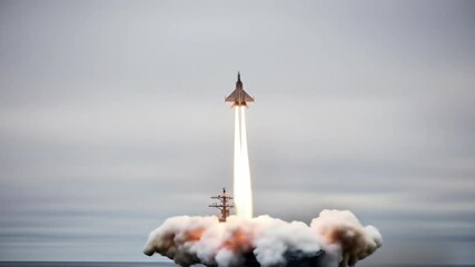 Missile launches from a warship at sea during cloudy day
