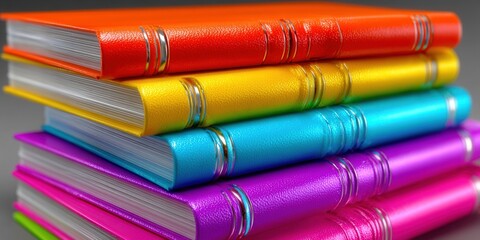 A colorful stack of books in rainbow colors, perfect for studying or reading.