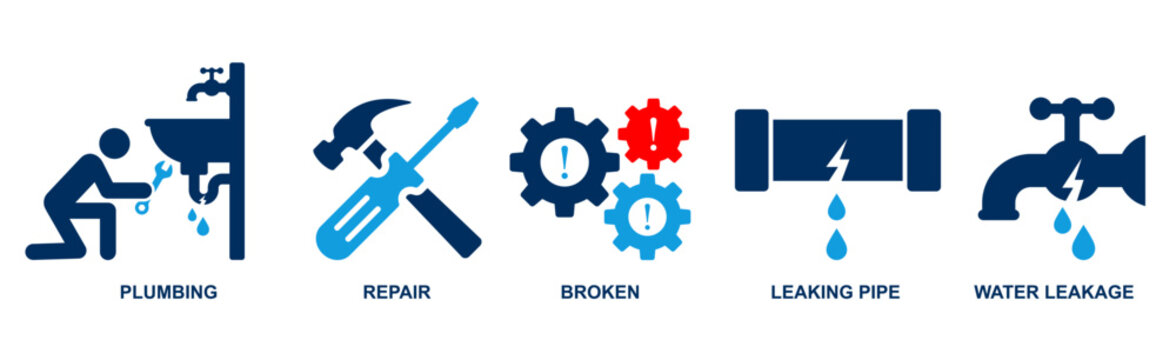 plumbing and repairing icon set. technician repairing damage, broken or leaking pipeline, water leakage, repairing icons for print. bathroom problem fix. 