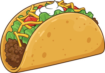 Mexican taco illustration, vector food art, colorful spicy meal, beef and vegetables, traditional cuisine graphic, hand-drawn flat design, festive snack icon, restaurant menu concept