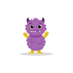 Cute cartoon monster on white background. Happy Alien. Funny purple monster in flat style. Vector illustration.
