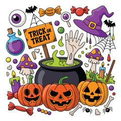 Fun Halloween Cartoon Set with Pumpkins, Witch Hat, Cauldron, Bats, and Candy Elements
