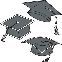 Set of Three Black Graduation Caps – Classic Mortarboards with Square Tops and Tassels Shown at Varying Angles – Academic Achievement Symbols for Education Logos, Graduation Decor, and Graphic Design