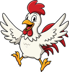 Happy cartoon chicken jumping with wings open, fun poultry character illustration, farm animal mascot, perfect for kids, education, games, agriculture and food designs