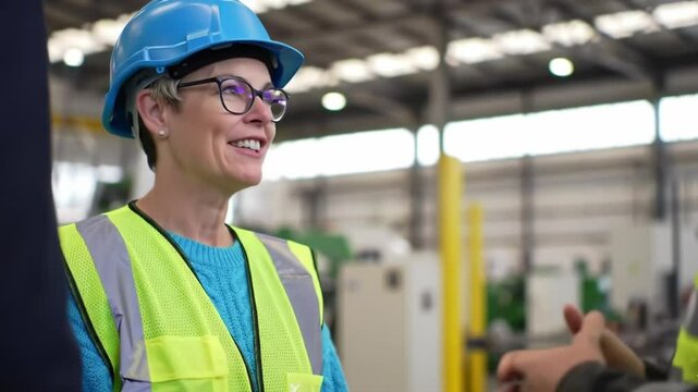 Engineer woman in safety helmet and vest smiles while speaking with a colleague inside a bright industrial plant, reflecting leadership, collaboration, and modern manufacturing workplace culture