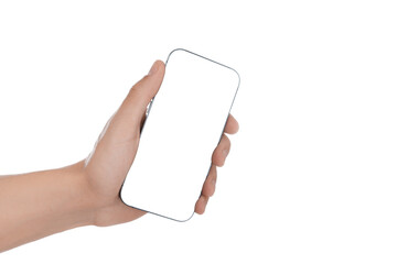 Man with modern smartphone on white background, closeup. Mockup for design