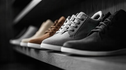 A stunning arrangement of various stylish shoes on a sleek shelf showcases modern design elements in footwear, appealing to fashion enthusiasts and casual wearers alike.