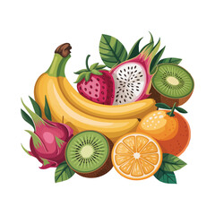 Set of juicy summer fruits banana, kiwi, strawberry, papaya, lemon, orange, dragon fruit vector illustration on a white background