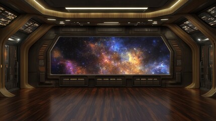 Obraz premium Spacious interior view of a futuristic spaceship corridor.