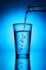 Pouring water from bottle into glass on blue gradient background. Backlit