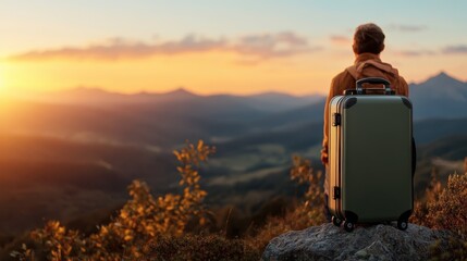 A lone traveler gazes at a breathtaking sunset over a vast landscape, emphasizing the spirit of adventure and the beauty of exploring the world.