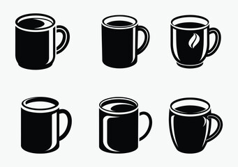 coffee mug silhouette set, cup icon vector, black and white illustration