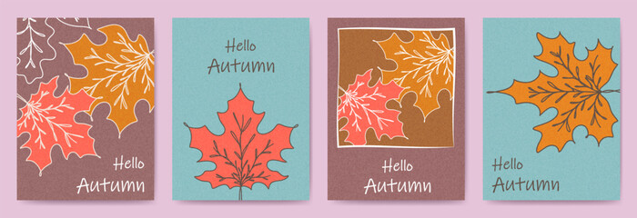 Hello Autumn card or poster with colorful maple leaves. Fall Season, hand drawn template for sale, holiday, decoration, label, cover