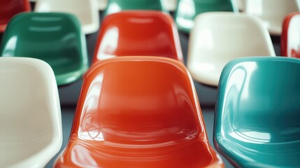 An aesthetically pleasing arrangement of colorful plastic chairs in different shades, showcasing modern design and simplicity, creating a vibrant and inviting visual atmosphere.