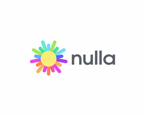 Sun star with rainbow lines rays logo. Minimalist light explosion sign. Flat flower firework icon logotype.  illustration.