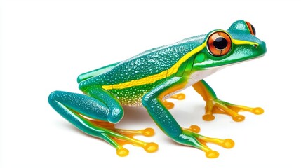 Obraz premium Colorful frog sitting on a surface, showcasing its vibrant green and blue hues with distinctive orange eyes.