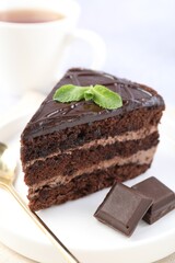 Piece of delicious cake, mint and chocolate on light table, closeup