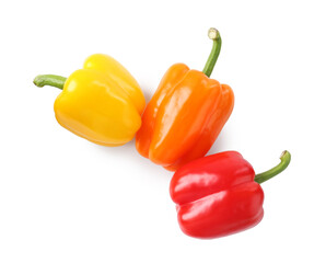 Ripe colorful bell peppers isolated on white, top view