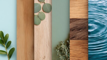 Assorted natural wooden planks leaves and water ripples set with eco friendly decor elements for design