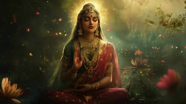 Hindu goddess Parvati depicted in traditional attire with divine expression and symbolic elements