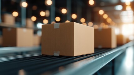 A cardboard box placed on a conveyor belt inside a warehouse, surrounded by soft glowing lights, showcasing an efficient logistics and packaging scenario in action.