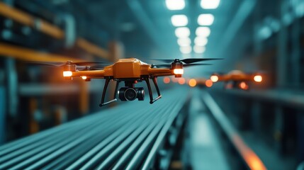 This image features advanced drones equipped with cameras, set against a blurred industrial backdrop, highlighting modern technology in a futuristic environment.