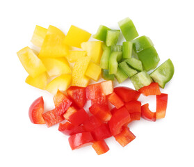 Pieces of fresh colorful bell peppers isolated on white, top view