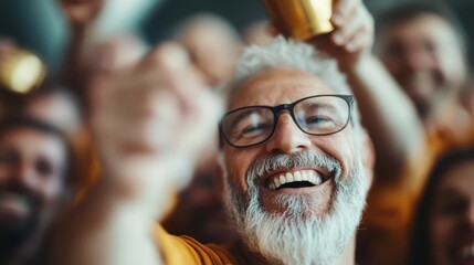 Fototapeta premium A joyful elderly man with glasses is enthusiastically celebrating with friends, showcasing a vibrant atmosphere filled with laughter, happiness, and camaraderie in the crowd.