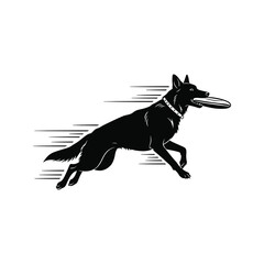 Obraz premium German Shepherd Dog catching a flying disc black and white vector illustration fast motion silhouette canine pet playful active dynamic sport agility