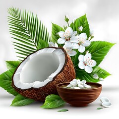 Coconut with flowers and leaves