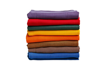 Stack of colorful folded shirts isolated on transparent background.