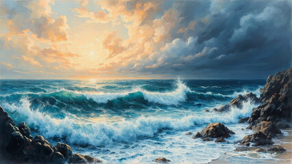 Dramatic Seascape Painting Showcasing Sunset Over Rocky Coastline