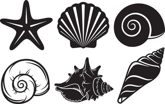 Set of Six Black Silhouette Vector Designs of Various Sea Shells and Starfish – Nautical and Marine Life Icons for Logos, Tattoos, and Decorative Art