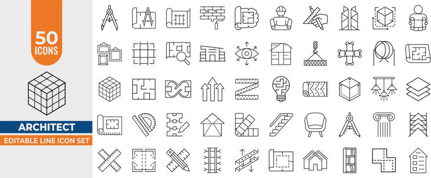 Architect & Interior Design Icon Set – 50 Editable Line Vectors for Plans, Drafting & Construction. Editable Stroke. Vector illustration.