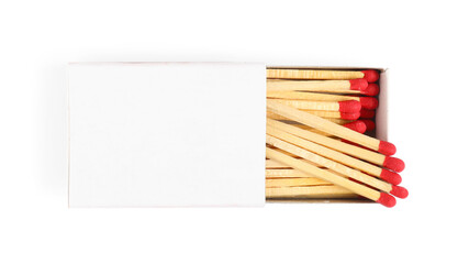 Matches in box isolated on white, top view. Mockup for design