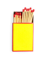 Matches in box isolated on white, top view. Mockup for design