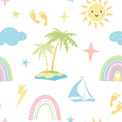Palm trees, sun, beach, beach umbrella. Vector seamless pattern on the theme of summer, seaside vacation, travel. Cute vector illustration