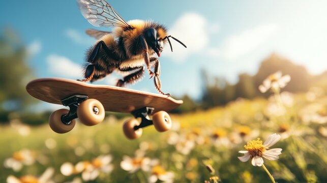 A whimsical image of a bee skateboarding over flowers perfectly captures a playful blend of nature and creativity, emphasizing joy and freedom in its flight.