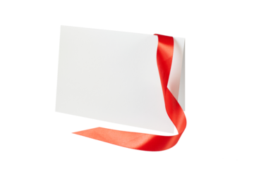 blank white gift card with red ribbon band isolated on white or transparent png