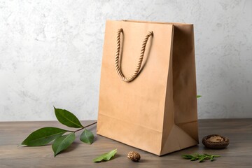Eco-Friendly Brown Paper Bag With Leaves on Wooden Surface