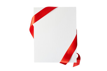 blank white gift card with red ribbon band isolated on white or transparent png