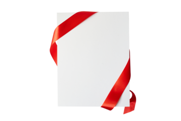 blank white gift card with red ribbon band isolated on white or transparent png