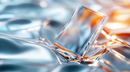 A transparent rectangular prism rests elegantly on a shimmering surface of liquid, reflecting light and colors beautifully, evoking a sense of clarity and calmness.