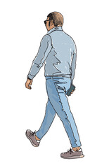 Naklejka premium Hand drawing of one casual modern man pedestrian in sunglasses with smartphone, walking outdoors, realistic sketch vector illustration isolated on white
