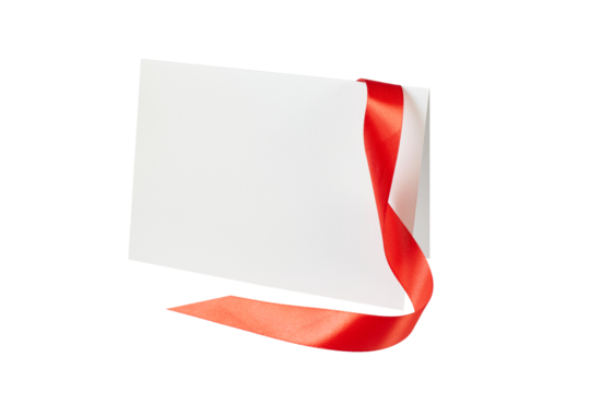 blank white gift card with red ribbon band isolated on white or transparent png