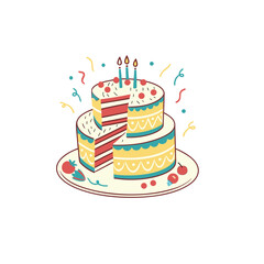 Cartoon style two-tier birthday cake with candles and decorations. Ideal for party invitations, kids greeting cards, and celebration posters.