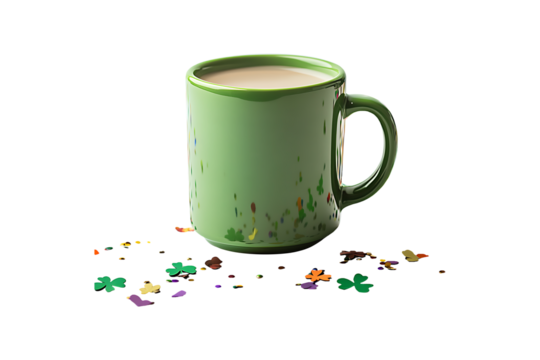 Green mug surrounded by shamrocks and confetti isolated on transparent background.