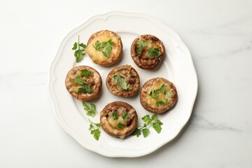 Tasty stuffed mushrooms on white marble table, top view
