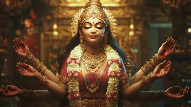 Hindu goddess Lakshmi shown with lotus flowers, gold coins, and divine aura in traditional attire